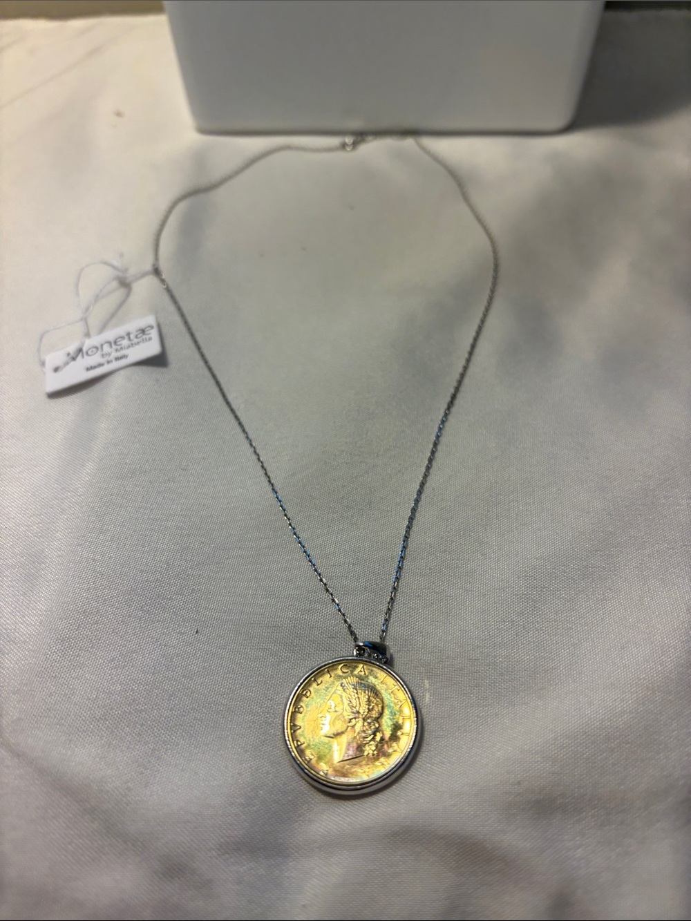 NWT Miabella Sterling 2-tone Italian 20 Lira Coin Necklace Box & COA History